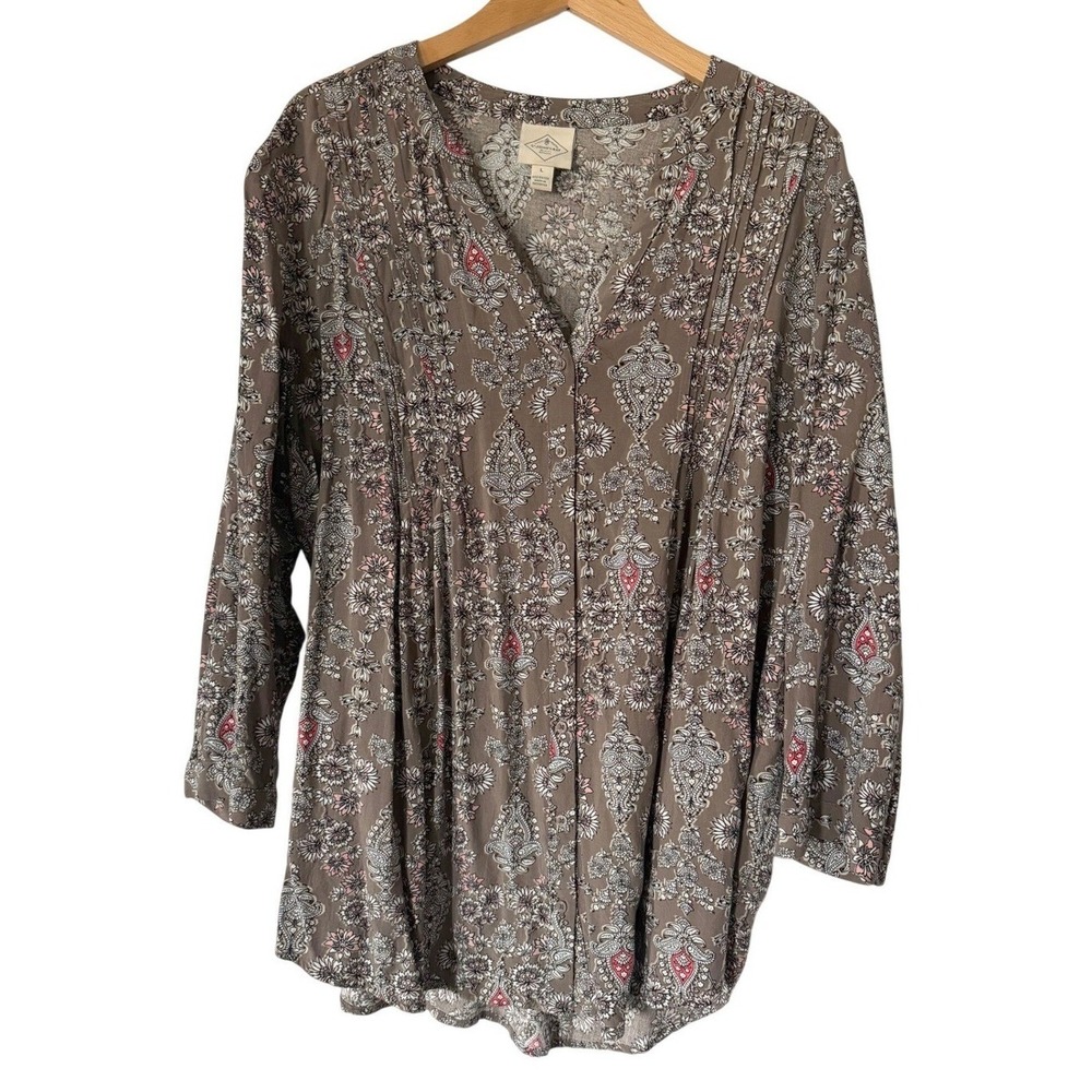 St. John's Bay Rayon Womens L Brown Pink Blouse Pintuck Peasant Tunic